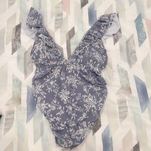 Blue and white floral maternity one piece bathing suit with ruffles